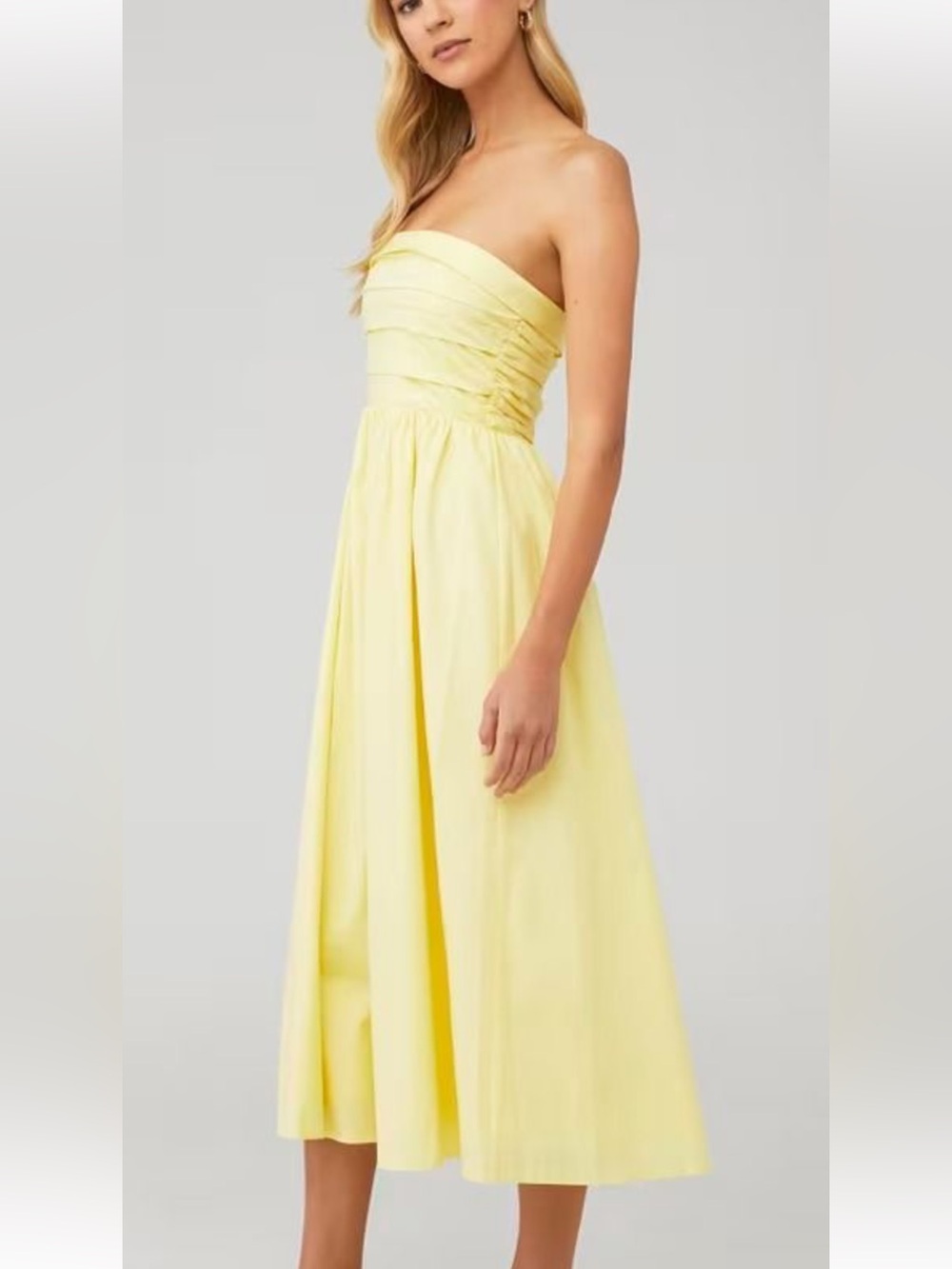 WAYF  Cotton Strapless Pleated Midi Dress Women's Size 8 Yellow